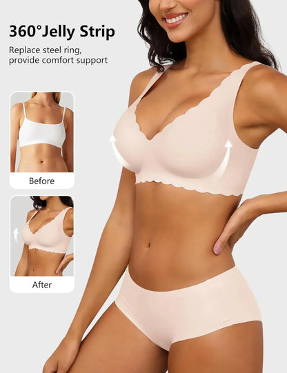 Scalloped Deep V Push-Up Seamless Wireless Jelly Bra